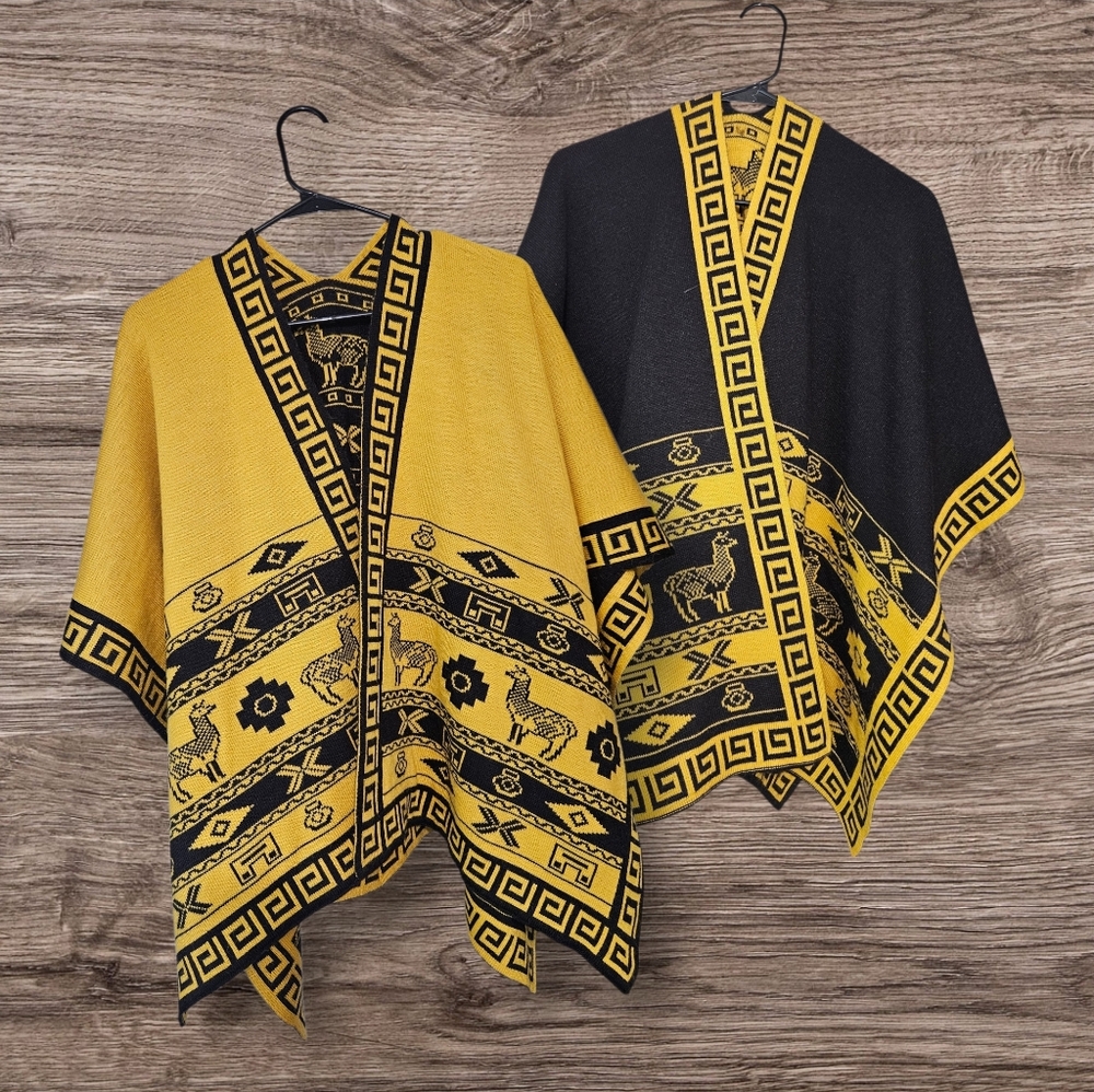 Vintage Peruvian Alpaca Wool Ruana Poncho  Aztec‎ Llama One Size M-XL Reversible
